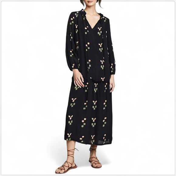 Rachel Pally Long Black Ikat Rayon Gail Dress Midi Maxi Lightweight Ruffled S - Picture 1 of 8